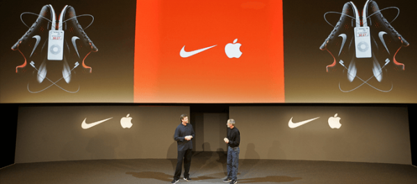 Jobs and Parker announcing Nike Apple Allince