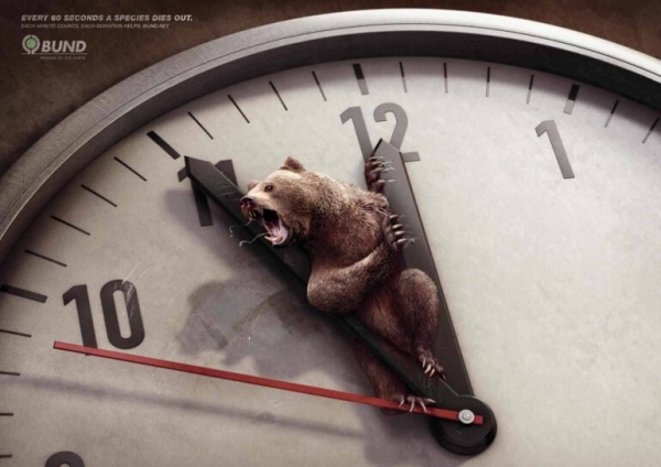 brown bear crushed by hands of a clock