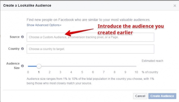 Facebook create lookalike audience screen