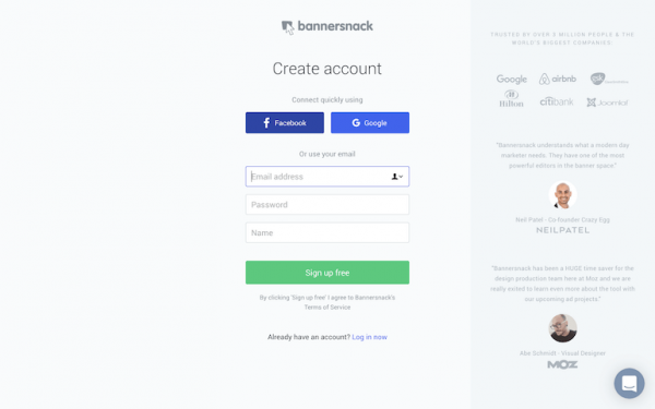 Create account on bannersnack