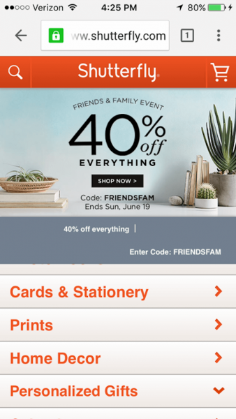 Shutterfly mobile site